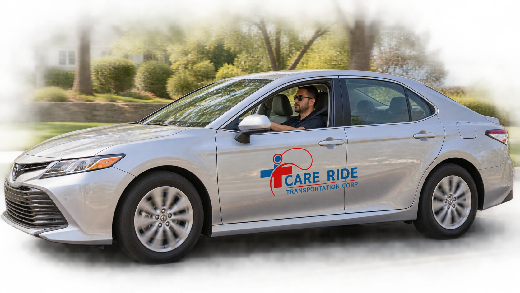 AI-created scene of a Care Ride branded sedan traveling on a Long Island road