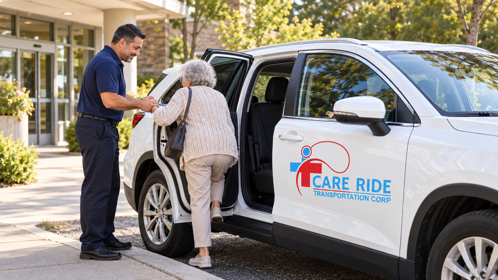 AI-created scene of a driver assisting an older passenger beside a Care Ride branded SUV